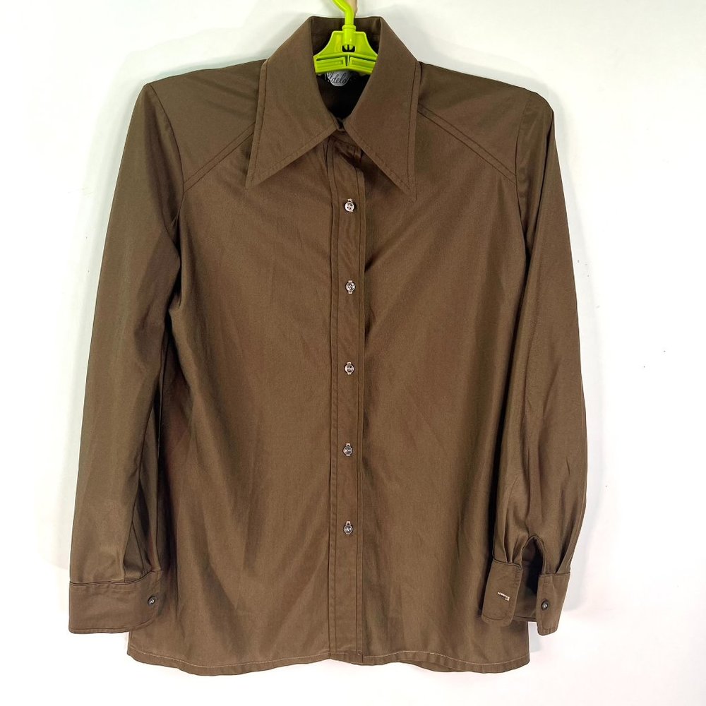 Vintage Adelaar Button Up Blouse Womens 1C L Brown Poly Made in USA ILGWU
